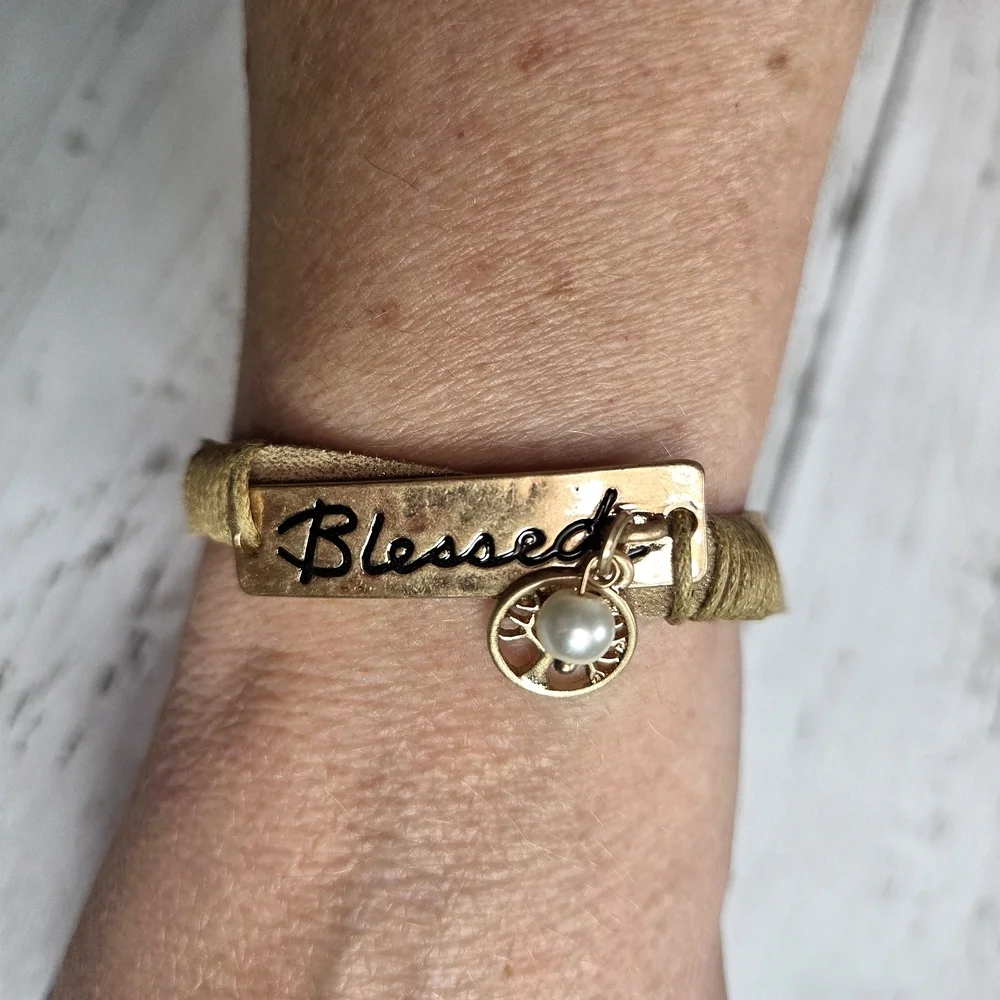 Gold-Tone 'Blessed' Leather Boho Wrap Bracelet with Pearl Charm